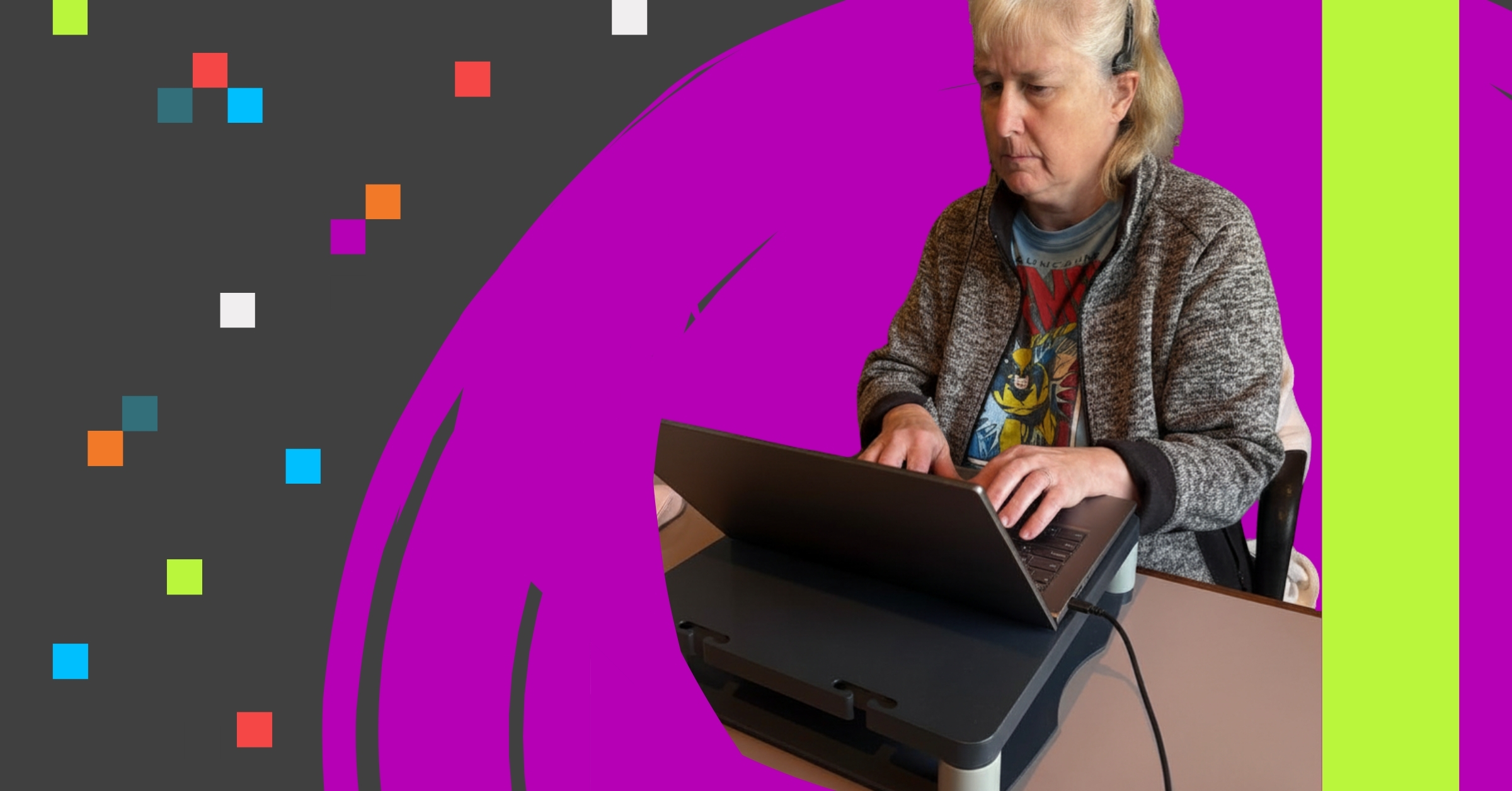 Lynn's Journey Graphic image of Lynn using a laptop and keyboard at a desk, in a purple and black background, with a lime green line design at the right.