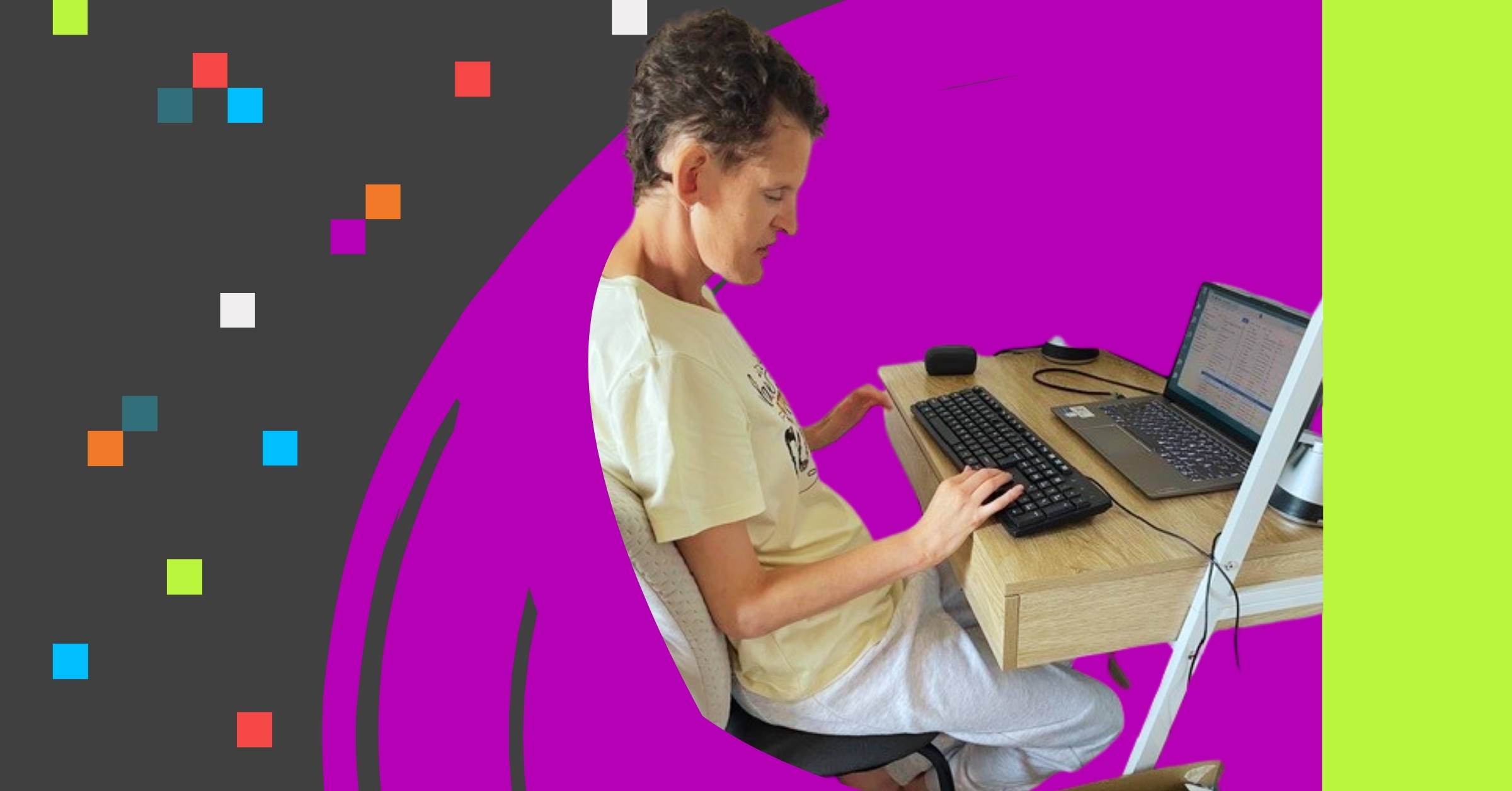 Tamara's Journey Graphic image of Tamara using a laptop and keyboard at a desk, in a purple and black background, with a lime green line design at the right.