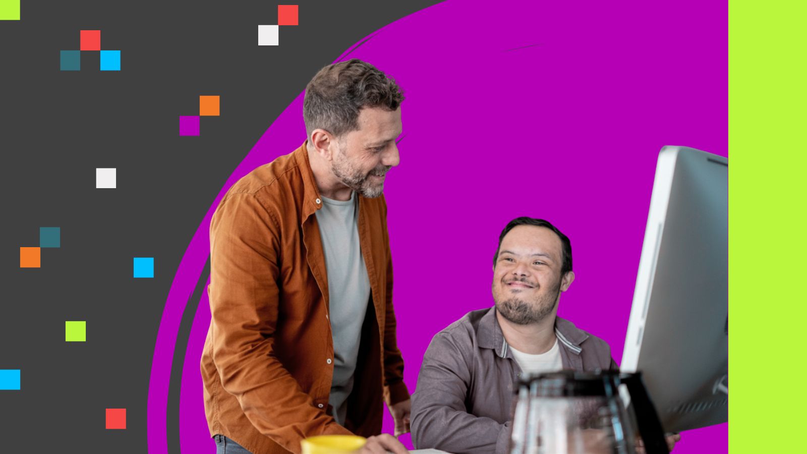 Become a Sponsor Graphic image in a purple and black background, with a lime green line design at the right. The image is of two people talking and smiling. The person on the right is seated and the person on the left is standing while leaning on the desk. There is a computer screen in front of the pair.