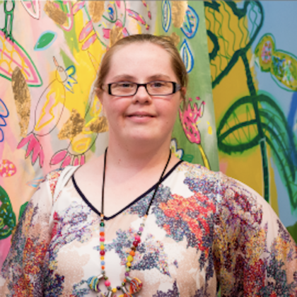 Emily Crockford in front her collaborative work with Rosie Deacon, 2018. Studio A. Photo: Document Photography.