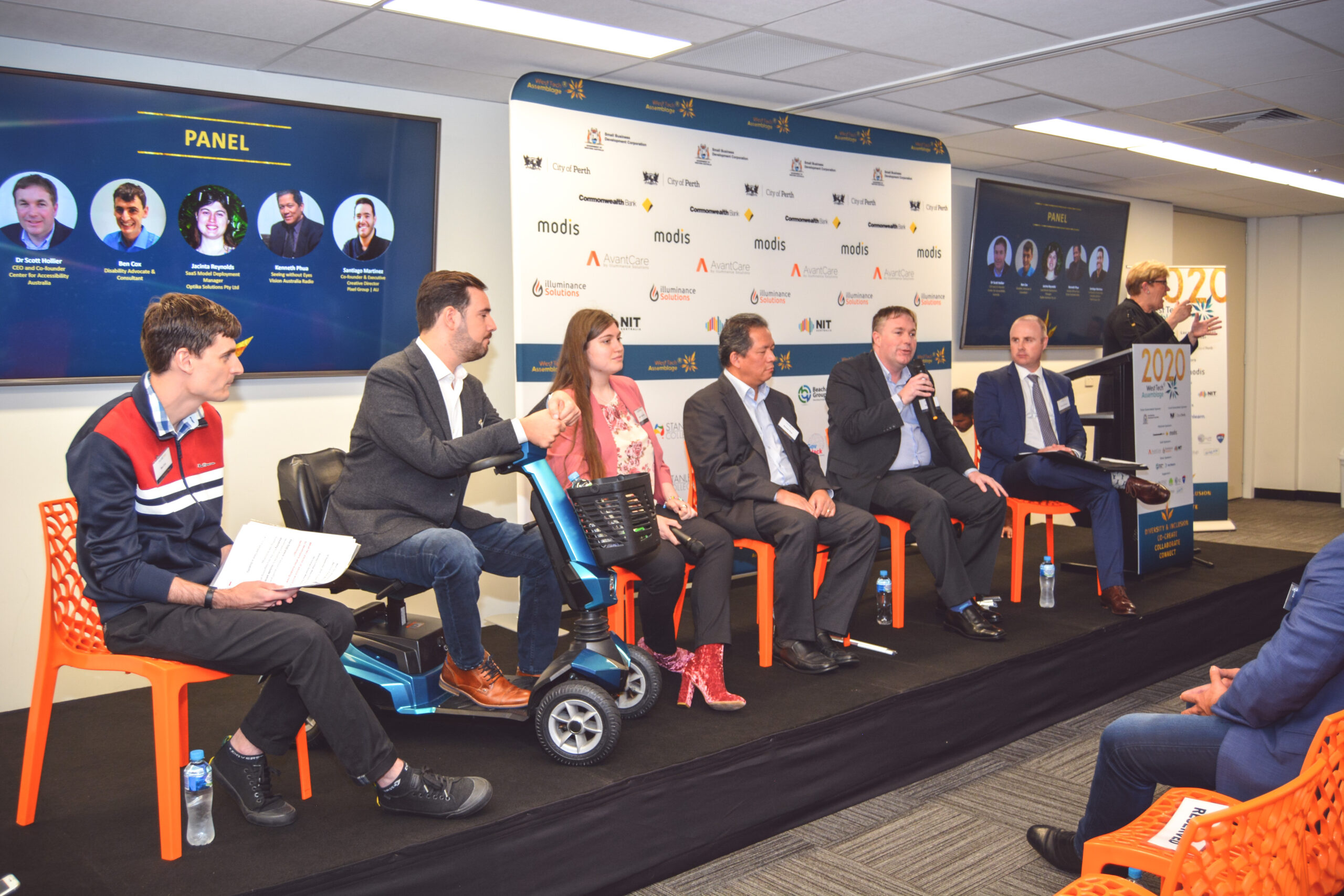 Photo of panelists, Ben Cox, Santiago Martinez, Jacinta Reynolds, Kenneth Phua, Dr Scott Hollier and Simon Plumber