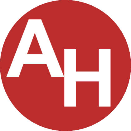 Logo for Ability Heroes, large red circle with white letter A and H