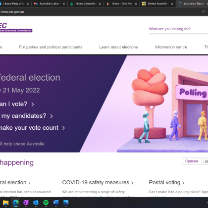 Screenshot: Australian Electoral Commission home page Showing cartoon of people entering a building that has "poling place" above the door. there is also a purple section with details of links to information on the upcoming election