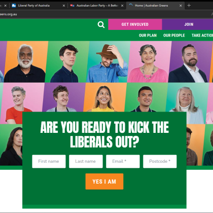 Screenshot: Green Party home page with a series of boxes with different people representing a cross section of the community also contains large green box, where you can type in name and location to show support