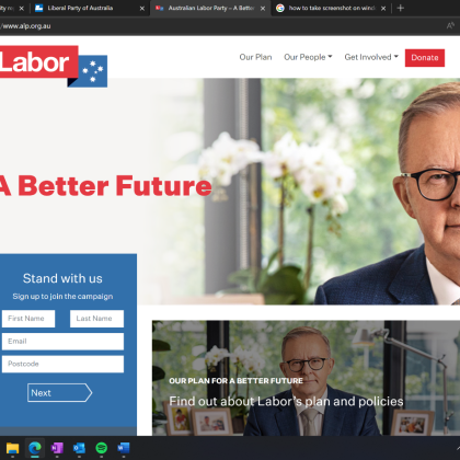 Screenshot: Labor party home page two images of Anthony Albernese. image also contains a Blue box with title stand with us where people can fill in contact details