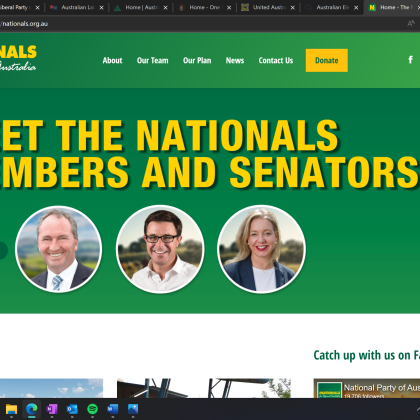 Screenshot: National Party Meet the Team: home page with with image of 3 people in 3 circles one woman and two men. 