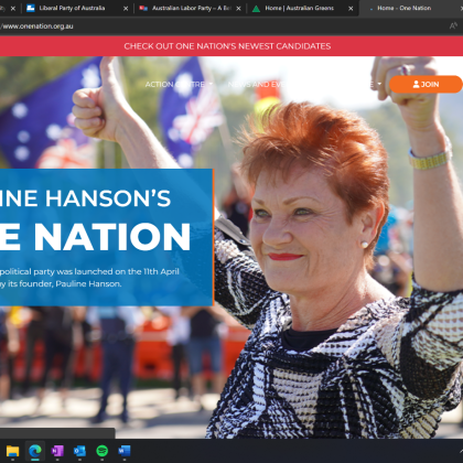 Screen shot: one nation's home page image of pauline hanson with arms raised