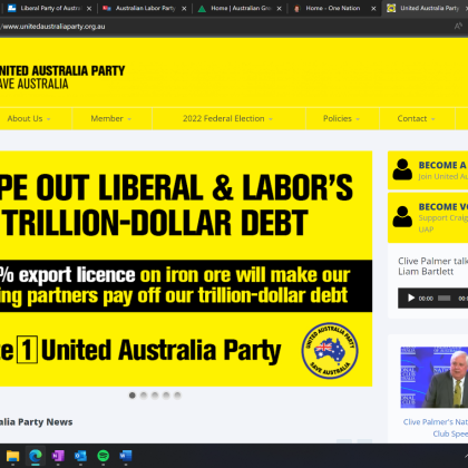 Screenshot: United Australia party showing yellow pages with black lettering promoting the party, very small picture of Clive Palmer in bottom right hand corner, as well as an audio file of an interview