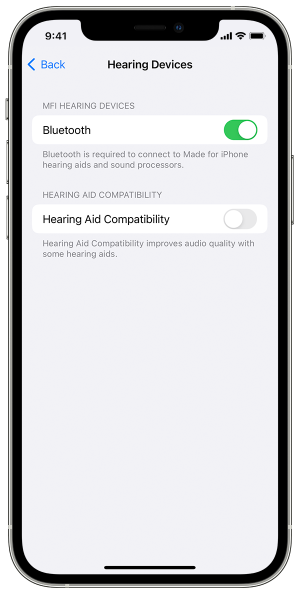 Option to turn on Bluetooth and hearing aid compatibility under the Hearing Devices menu