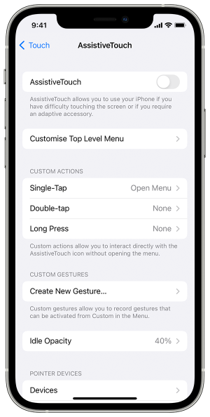 Screenshot of Assistive Touch menu