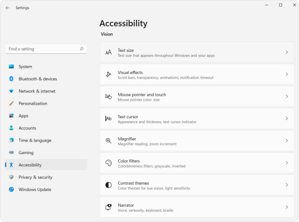 Screenshot of Windows 11 settings menu, showing the location of the accessibility settings