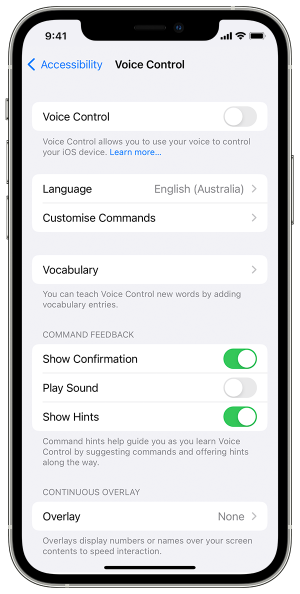 Features in the Voice control menu