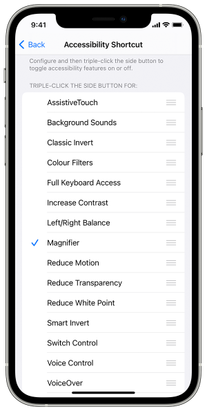 List of accessibility features that can be added to the shortcut