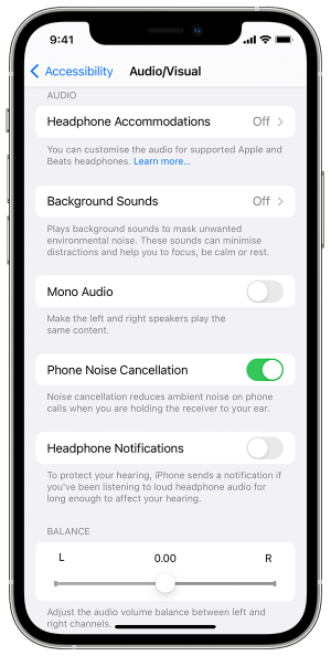 Features under the Audio/Visual menu include headphone accommodations, background sounds, mono audio, iPhone noise cancellation, headphone notifications and a slider to adjust left-right stereo balance