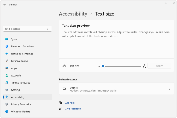 Screenshot of text size option settings in the accessibility menu