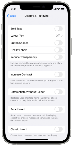 Screenshot of a list of features available for Display & Text Size