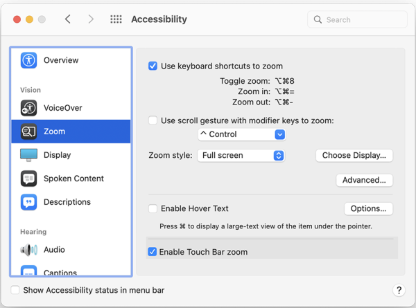 Screenshot of Zoom menu with “Enable Touch Bar zoom” selected.