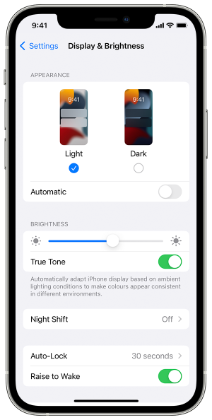 Display & Brightness setting menu includes options to choose theme, change brightness, enable true tone, night shift, auto lock and raise to wake.