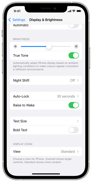 Display & Brightness menu showing text size, bold text and view