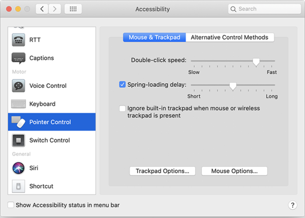 Pointer control highlighted in the accessibility menu.