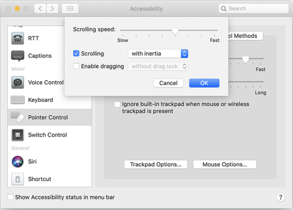 Settings for Trackpad options include slider for adjusting scrolling speed, change scrolling type and enable dragging.