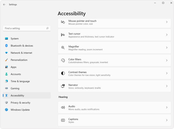 Screenshot of the location of the contrast themes setting in the accessibility menu. 