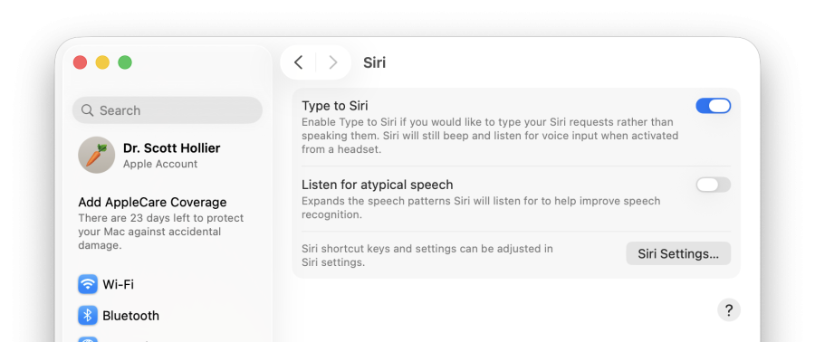 A cropped screenshot of the Siri accessibility settings window, showing the 'Type to Siri' switch turned on.