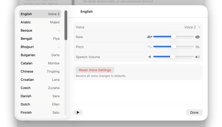 A cropped screenshot of the text-to-speech settings for macOS's speech engine, showing settings adjusting the rate, pitch, and volume of the speech.