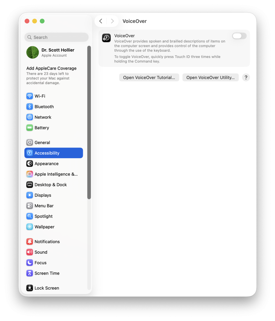 A screenshot of the macOS VoiceOver setting window.