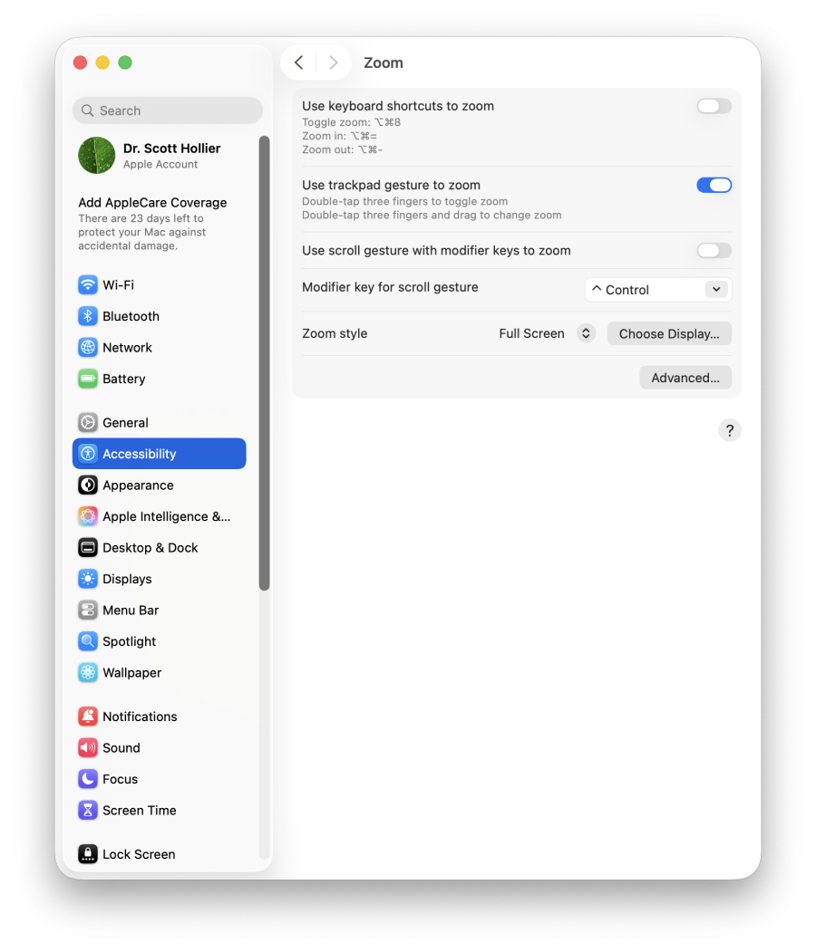 A screenshot of macOS' screen zoom settings, showing the 'use trackpad gesture to zoom' setting turned on.