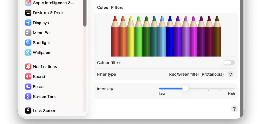 A cropped screenshot of the Colour Filters section of macOS' display accessibility settings. A row of coloured pencils are present to give the user a preview of the currently configured filter settings.