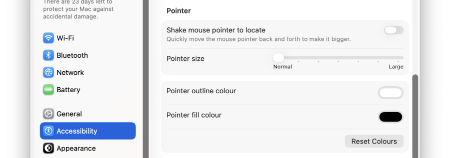 A cropped screenshot of the Pointer section of macOS' display accessibility settings.