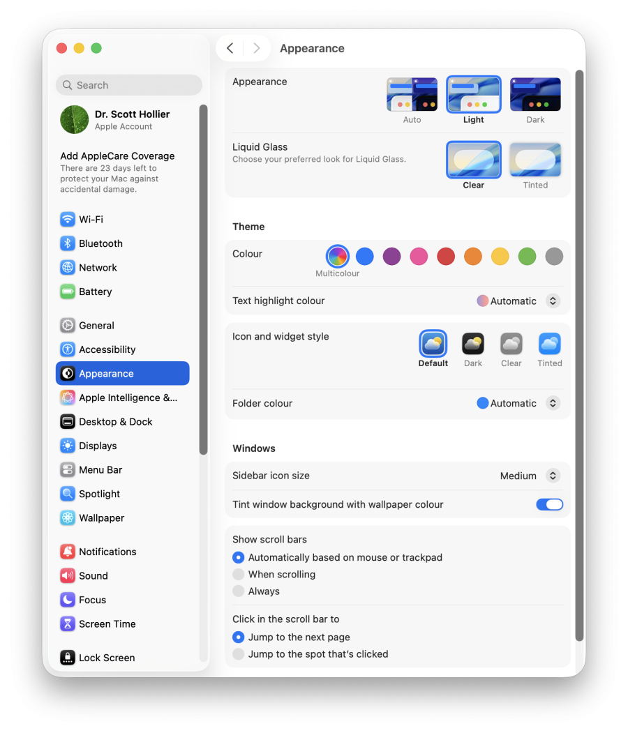 A screenshot of macOS' appearance settings within the System Settings window.