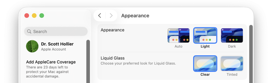 A cropped screenshot of the light and dark mode settings found within macOS's appearance settings.