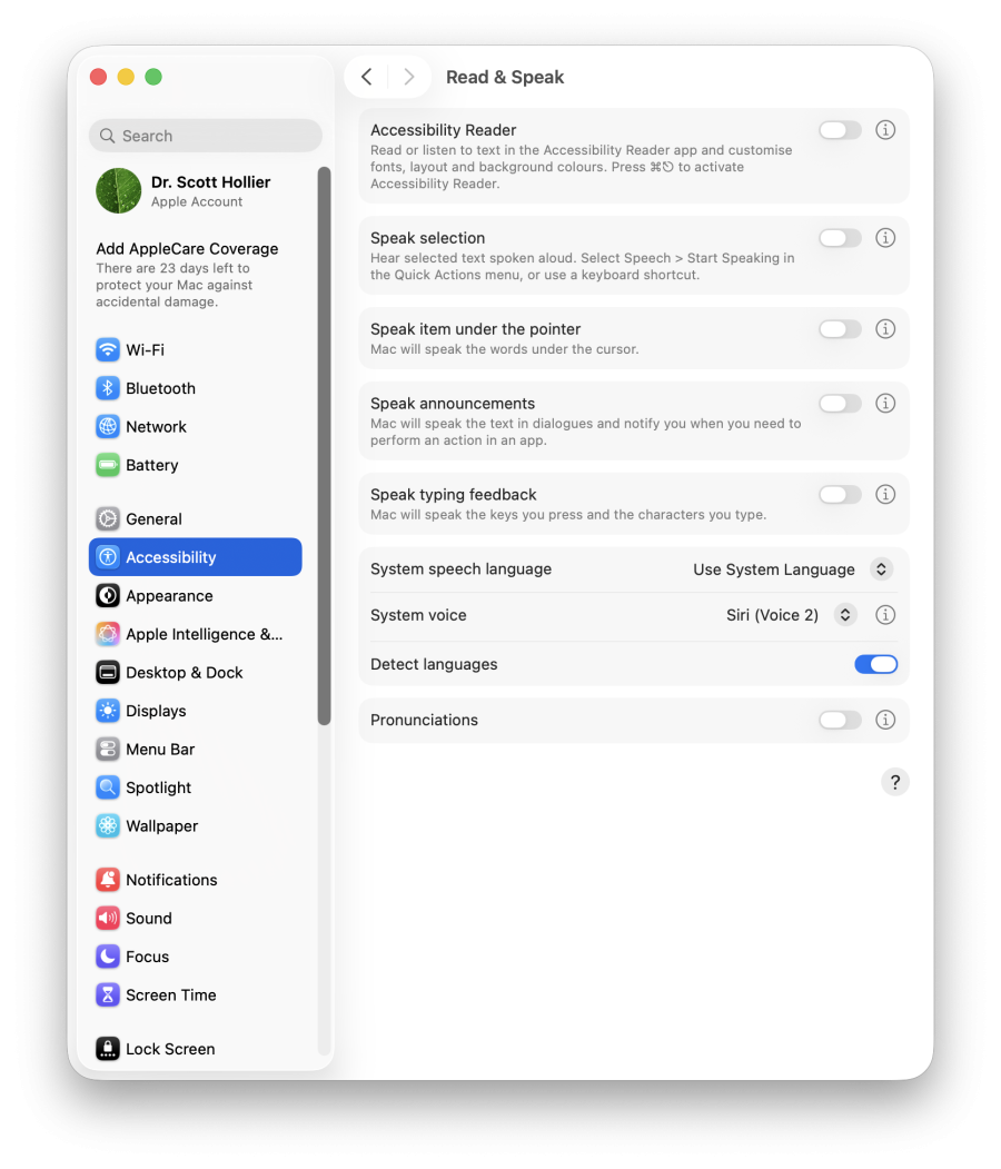 A screenshot of macOS' Read and Speak accessibility settings.