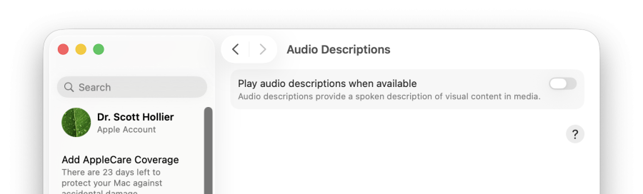 A cropped screenshot of the 'play audio descriptions when available setting' in macOS' accessibility settings.