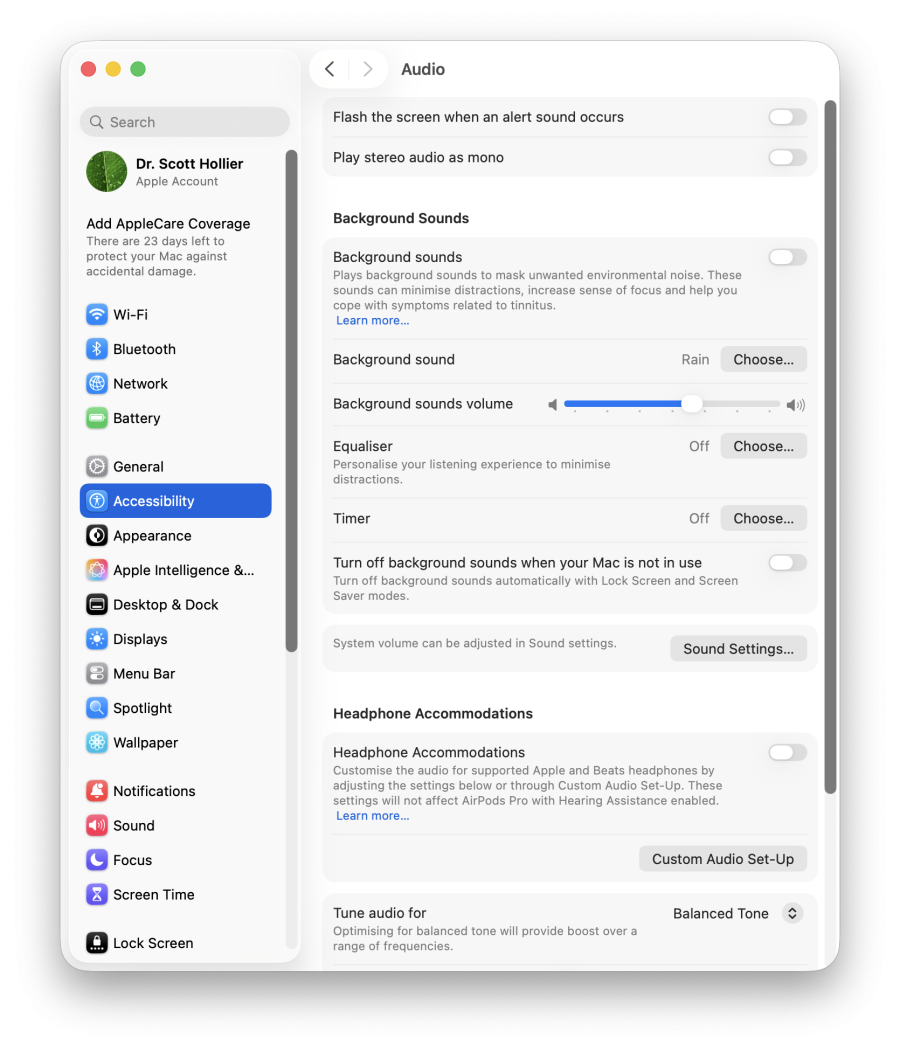 A screenshot of macOS' audio accessibility settings window.