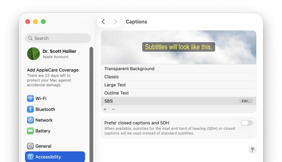 A cropped screenshot of macOS' caption customisation settings window.