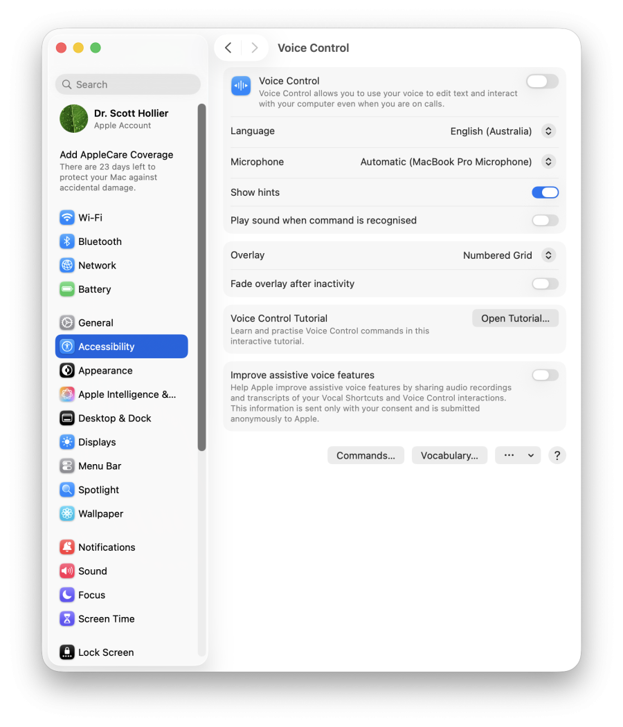 A screenshot of macOS's voice control accessibility settings.