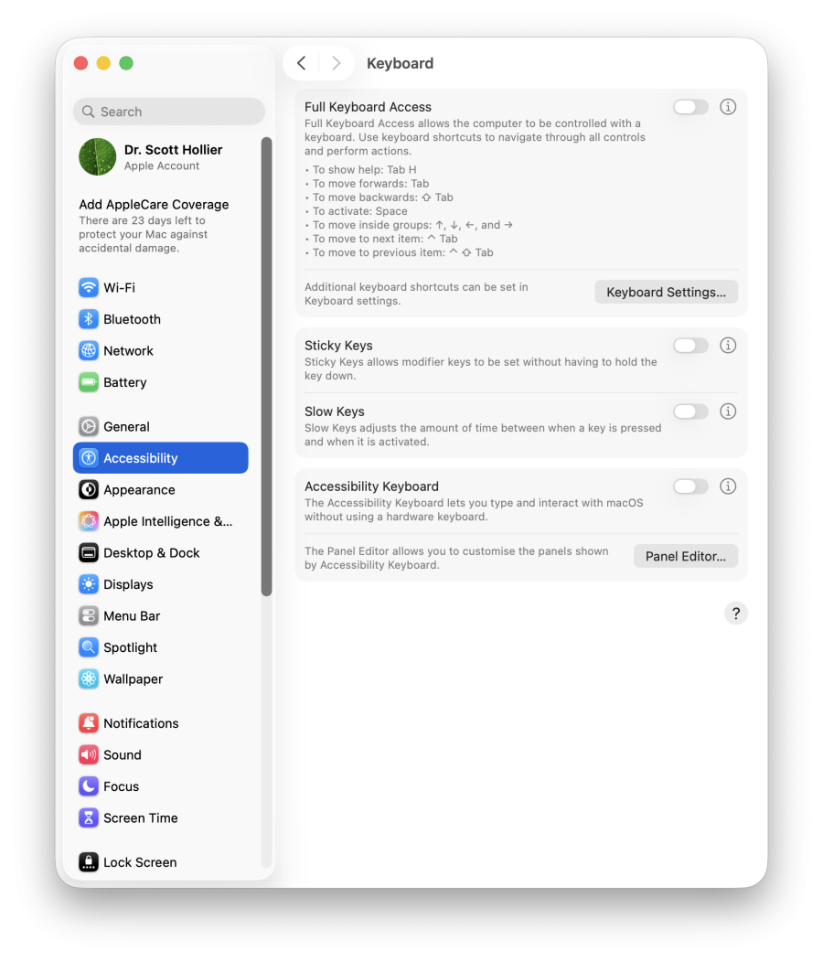 A screenshot of macOS' keyboard accessibility settings window.