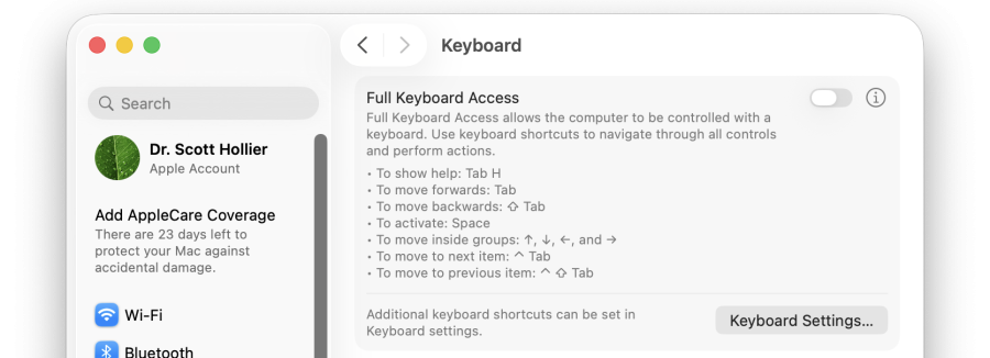 A cropped screenshot of the 'full keyboard access' accessibility setting in macOS, with a list of keyboard shortcuts.