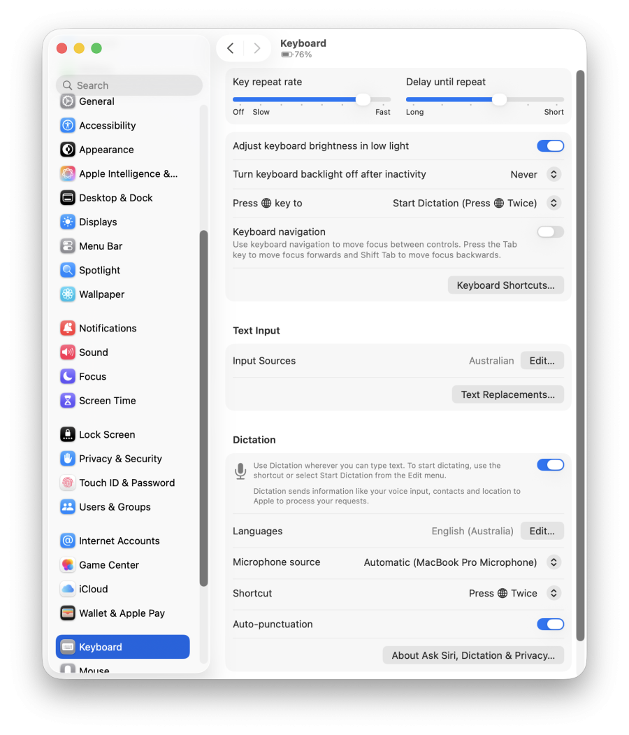 A screenshot of macOS' keyboard accessibility advanced settings window.