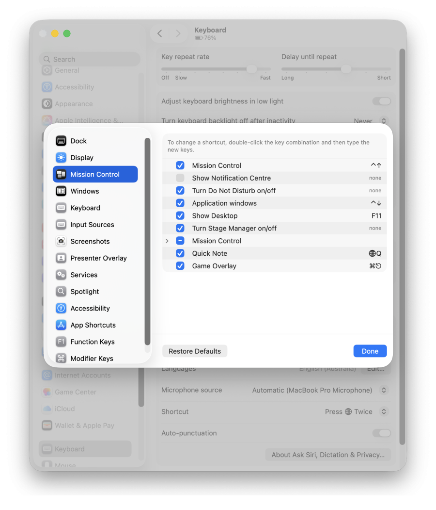 A screenshot of a control panel for adjusting keyboard shortcuts in macOS.