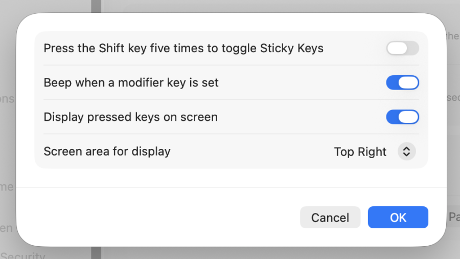 A cropped screenshot of the Sticky Keys configuration settings window.