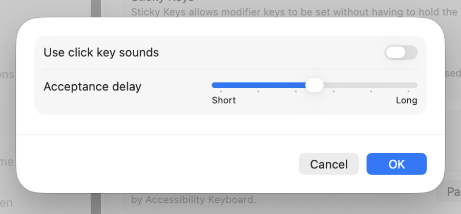 A cropped screenshot of the Slow Keys configuration settings window.