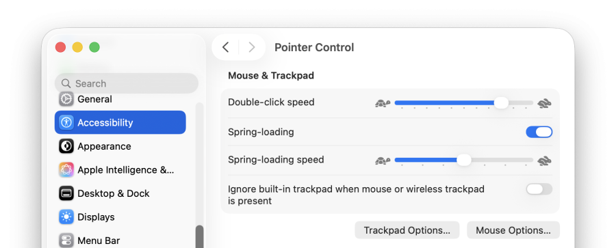 A cropped screenshot of the Mouse & Trackpad settings within the pointer control accessibility settings in macOS.