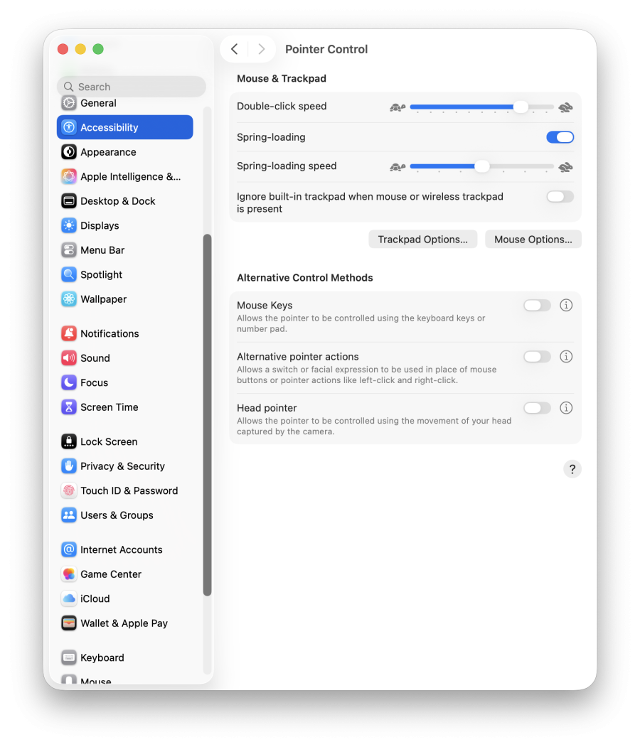 A screenshot of macOS' pointer control accessibility settings window.