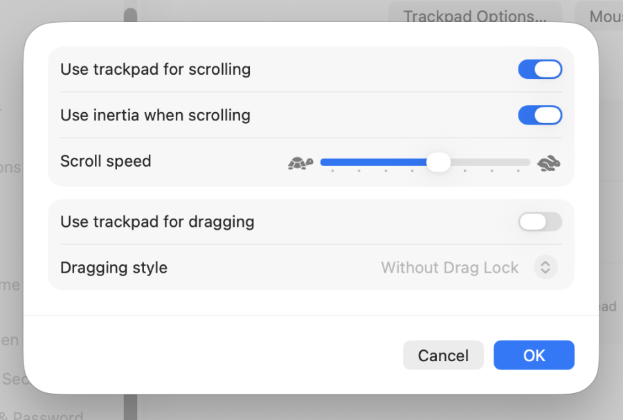 A cropped screenshot of the trackpad scrolling settings window.