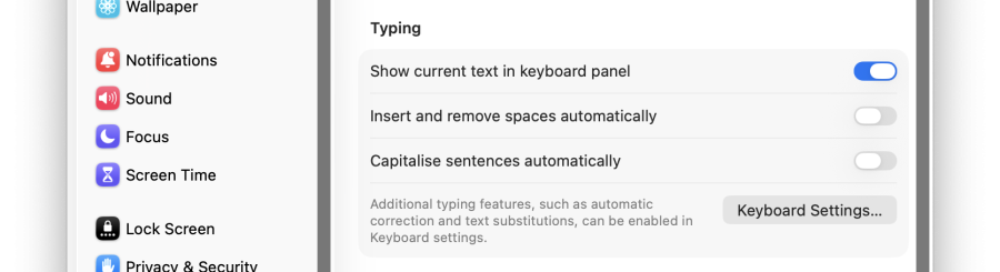 A cropped screenshot of the Typing section of the Switch Control accessibility settings in macOS.