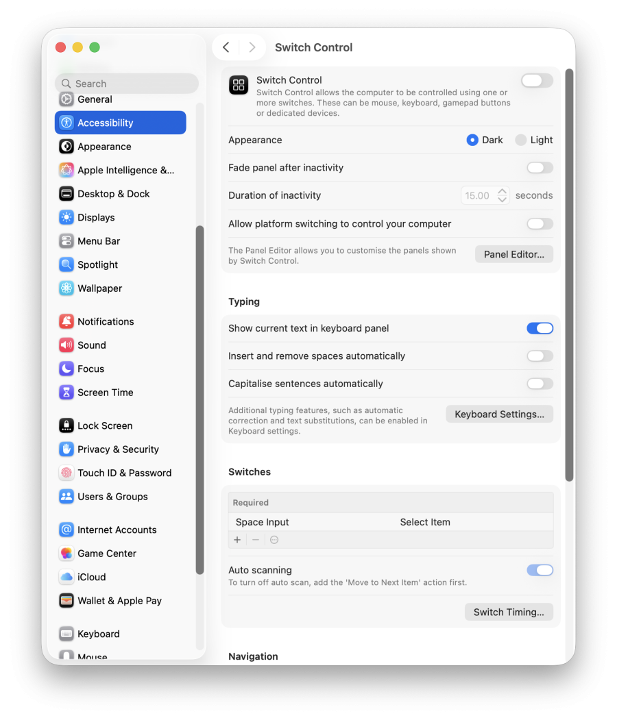 A screenshot of the Switch Control accessibility settings in macOS.